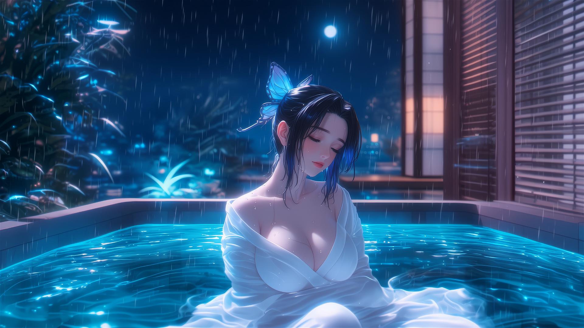 Shinobu Kocho from Demon Slayer resting in a tub, illuminated by moonlight.