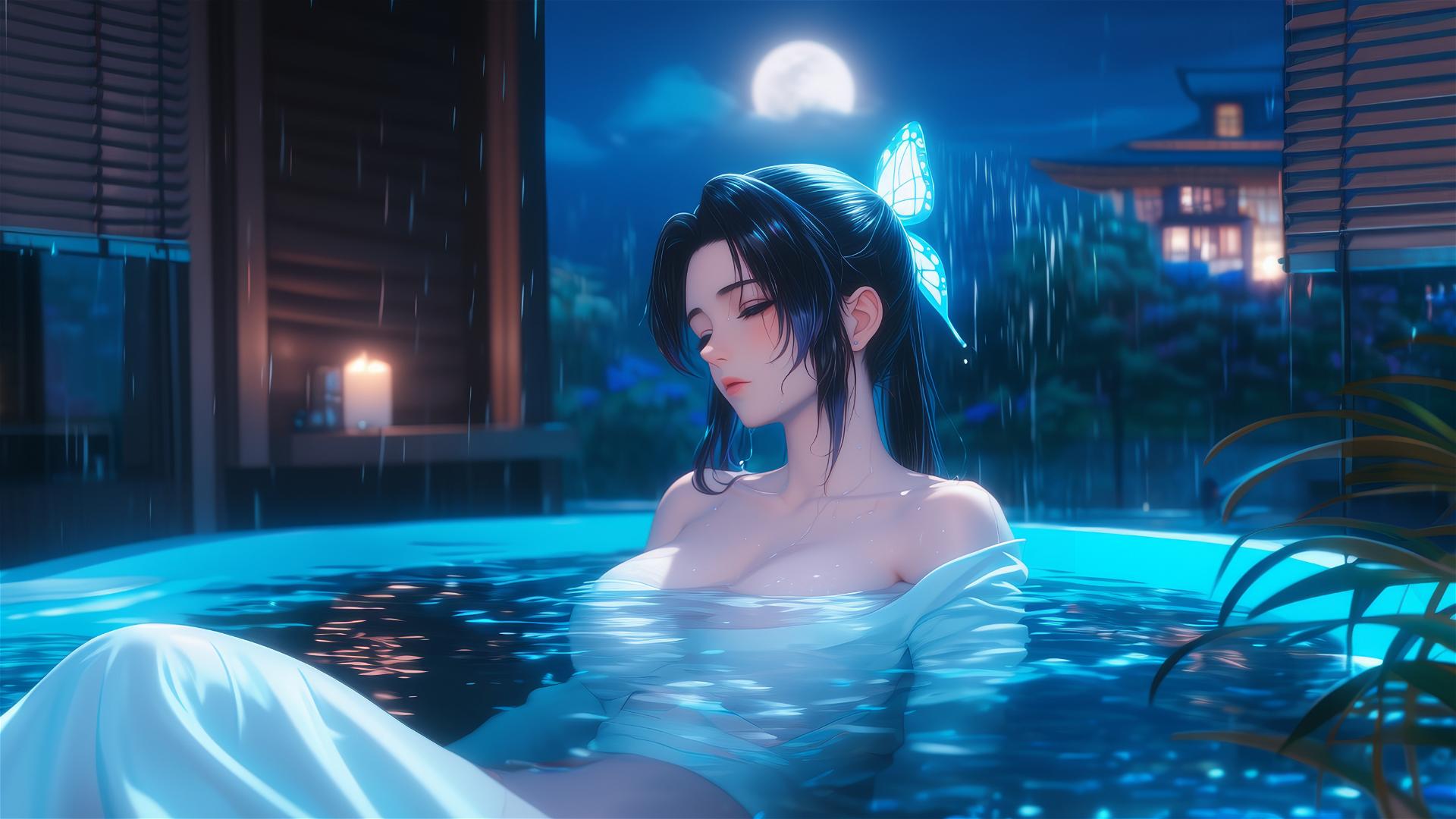 Shinobu Kocho resting in a tub with moonlight glow