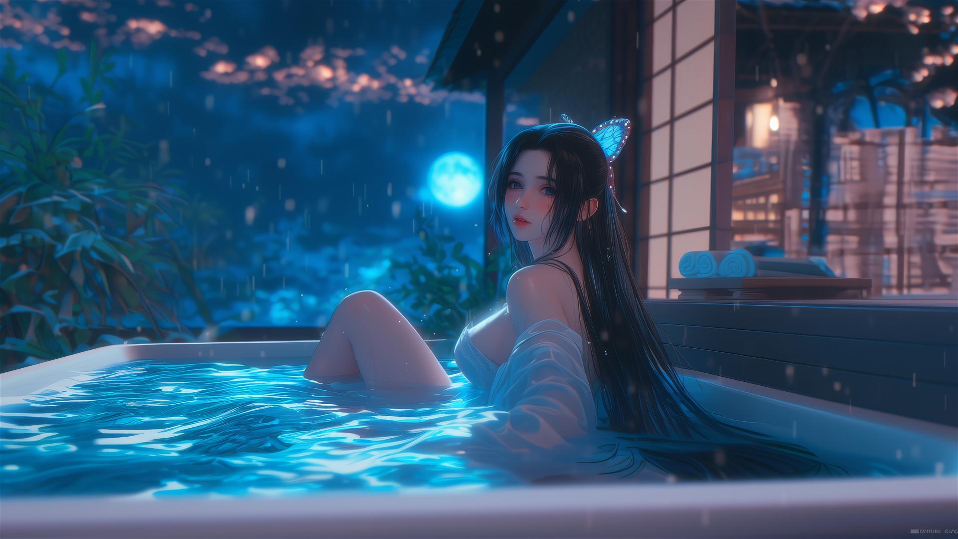 Shinobu Kocho from Demon Slayer resting in a tub with moonlight glow