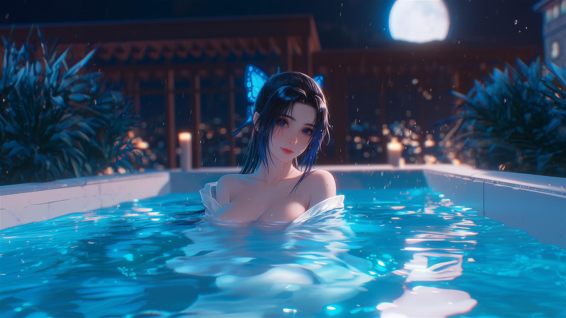 Shinobu Kocho from Demon Slayer resting in a tub with moonlight glow.