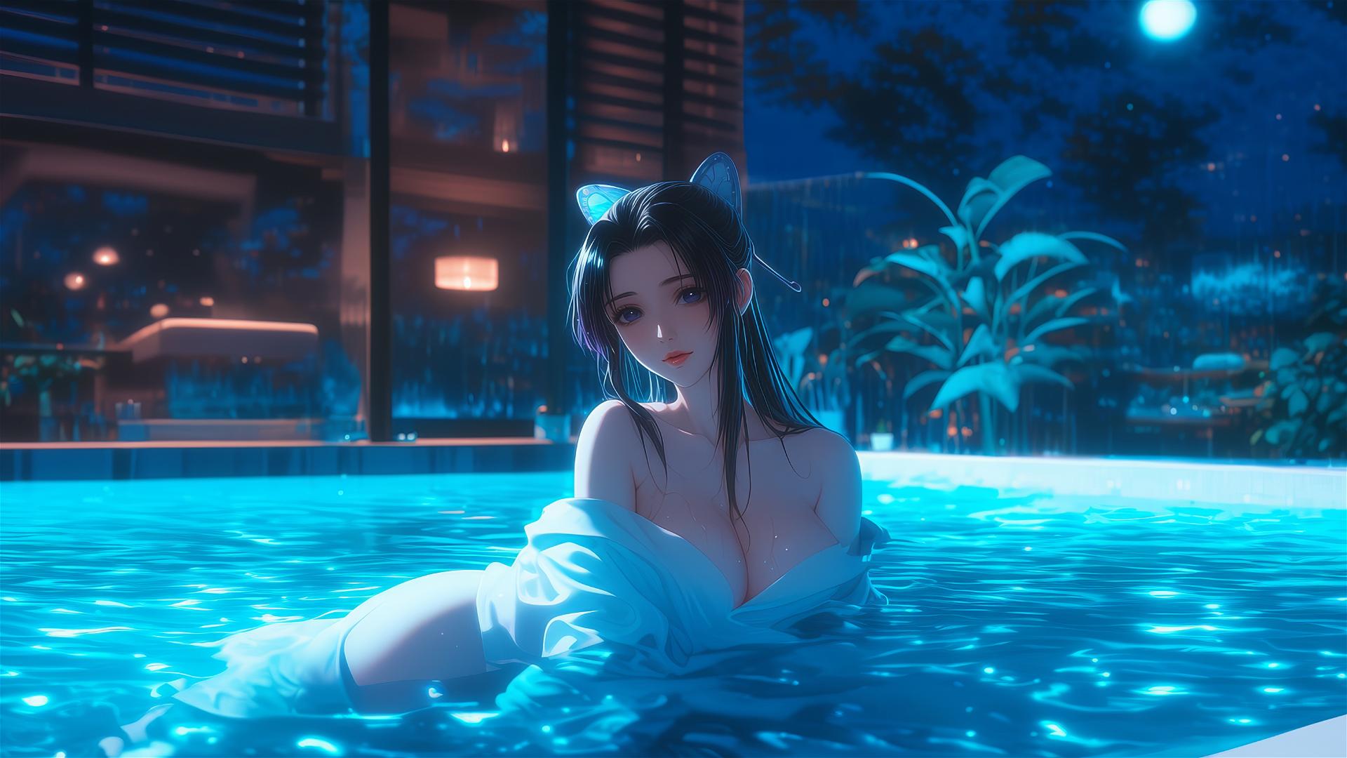 Shinobu Kocho from Demon Slayer resting in a tub with moonlight glow