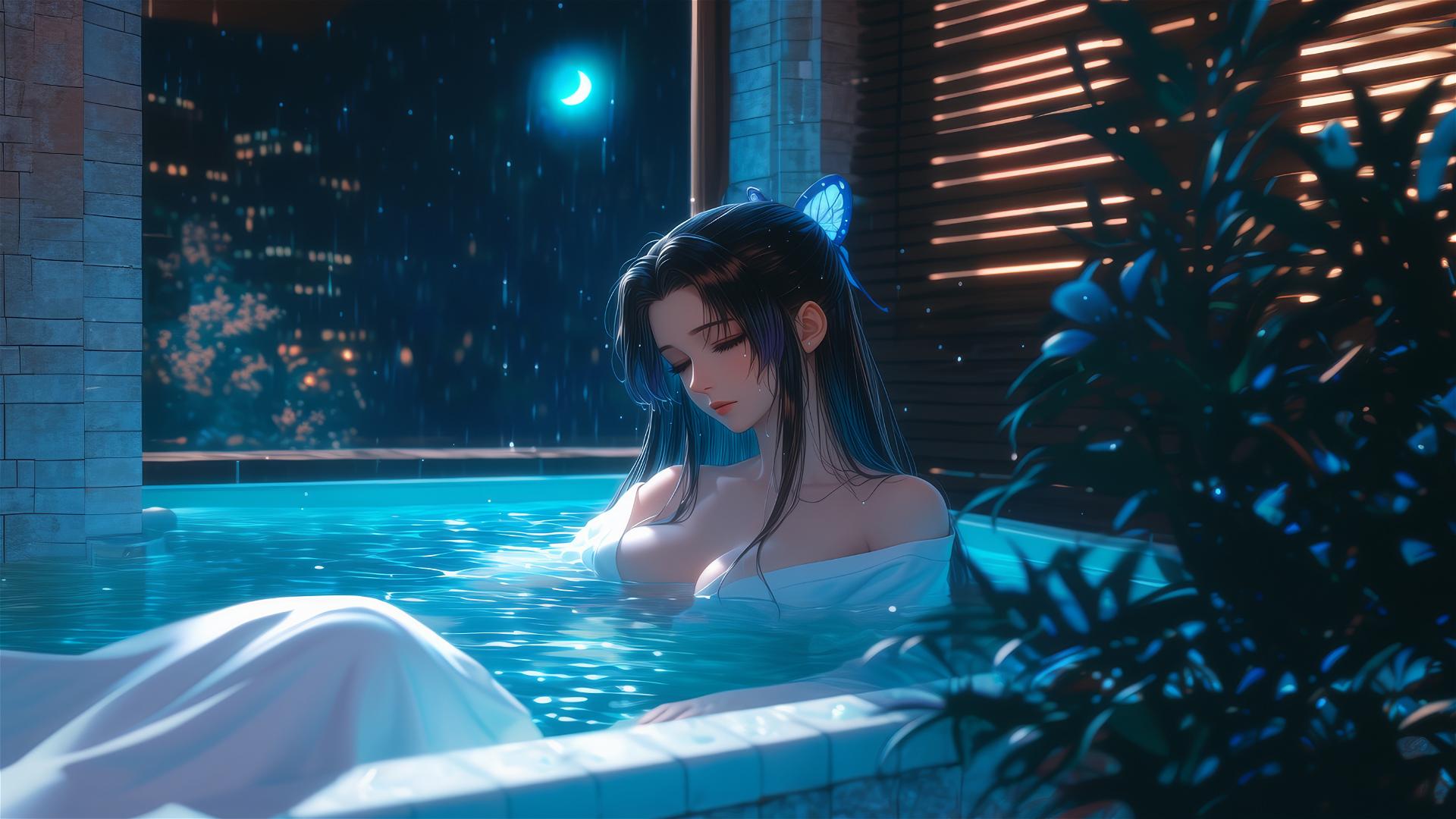 Shinobu Kocho from Demon Slayer resting in a tub with moonlight glow
