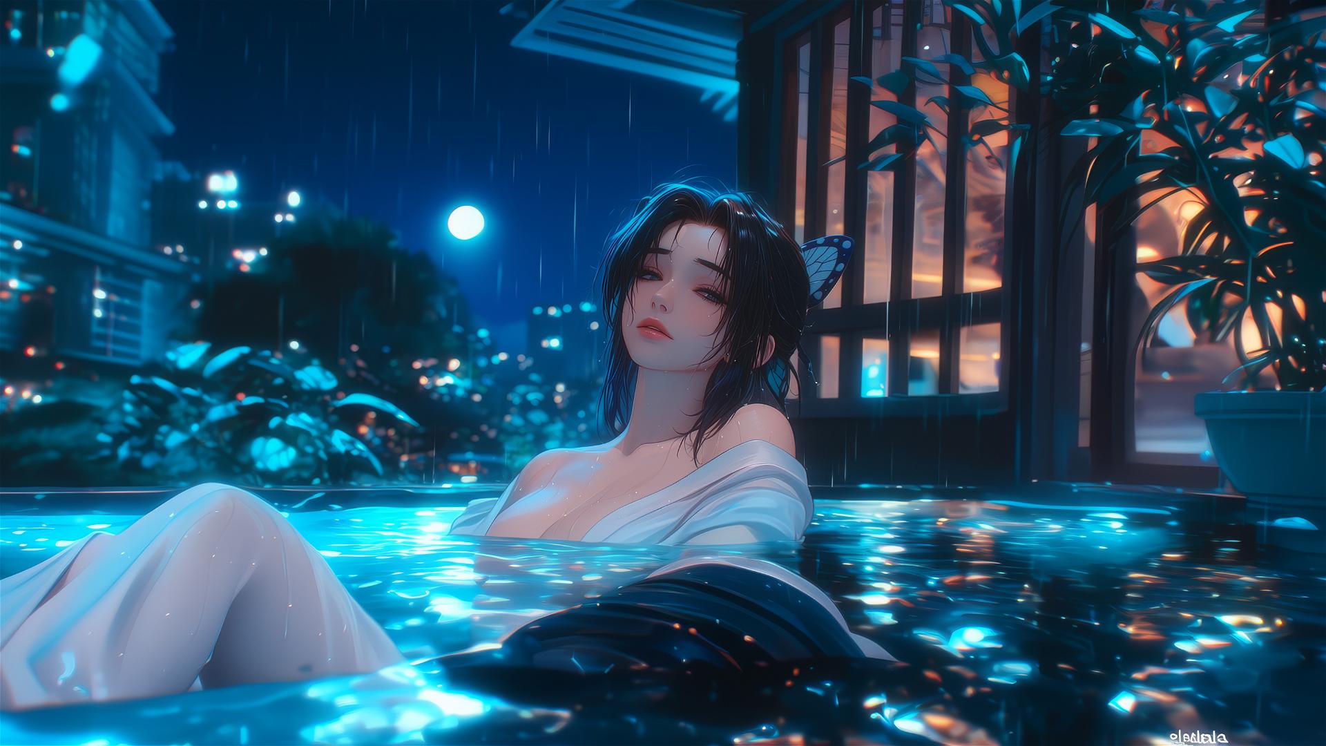Shinobu Kocho from Demon Slayer resting in a tub with moonlight glow