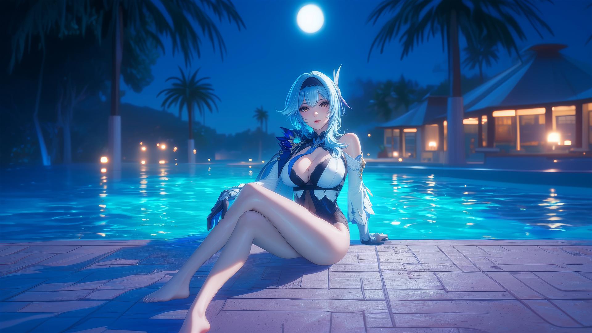 Eula Lawrence resting by a moonlit swimming pool
