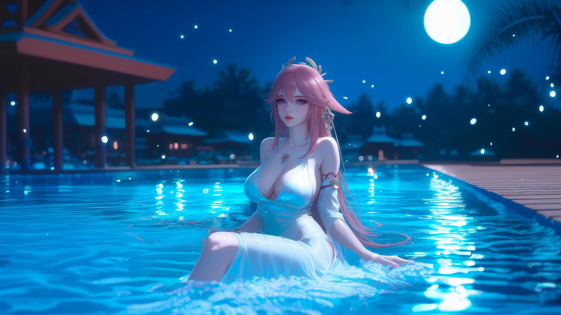 Yae Miko from Genshin Impact resting by the pool under moonlight