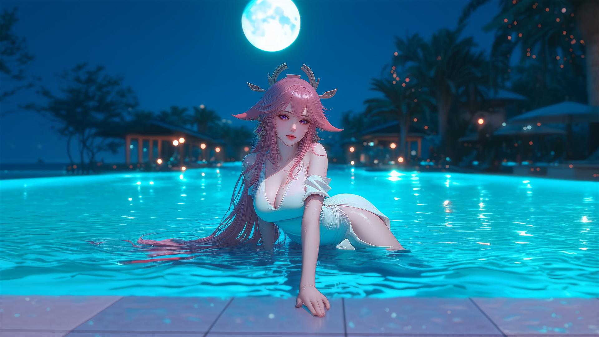 Yae Miko from Genshin Impact rests by a swimming pool under moonlight.