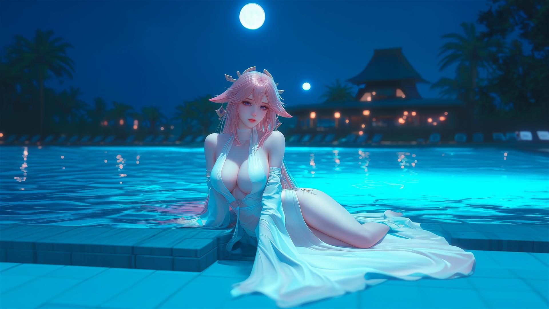 Yae Miko from Genshin Impact resting by a moonlit pool