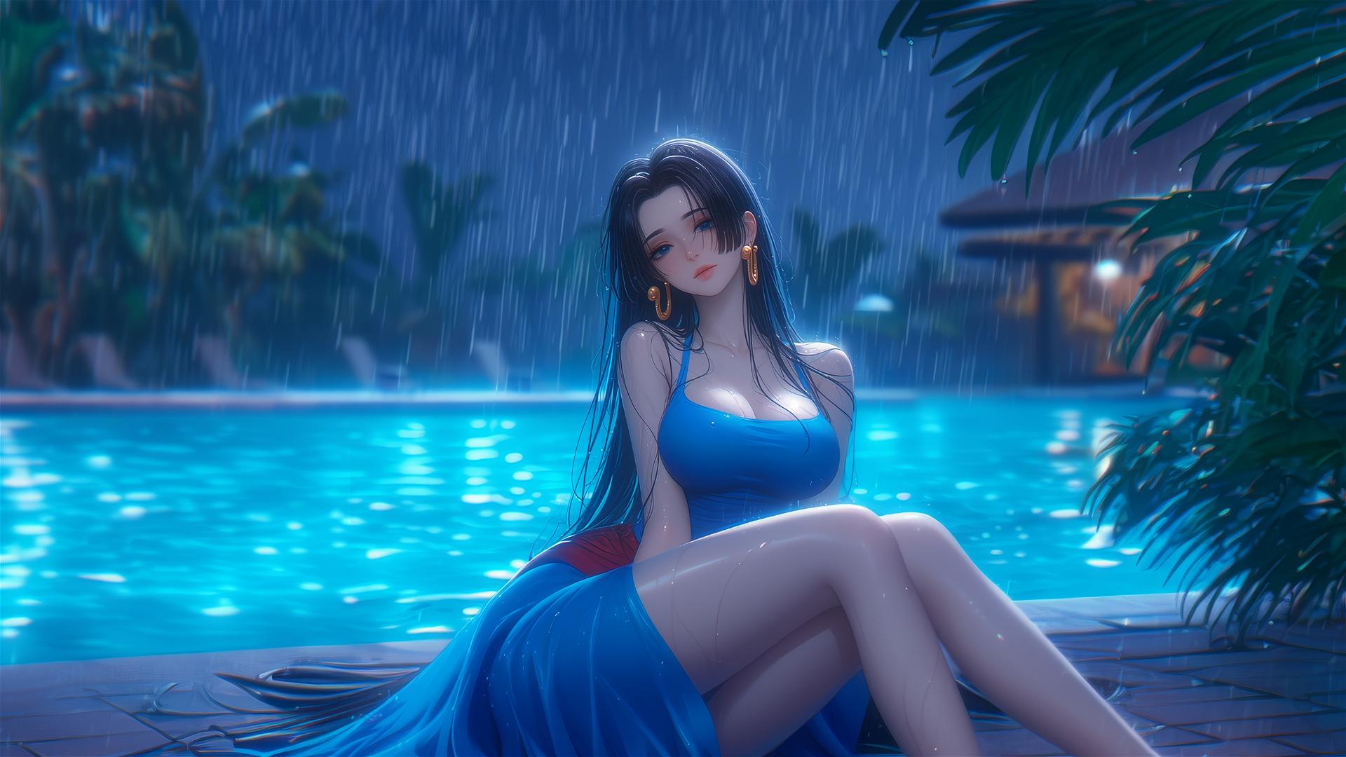 Boa Hancock from One Piece rests by a rainy pool in moonlight