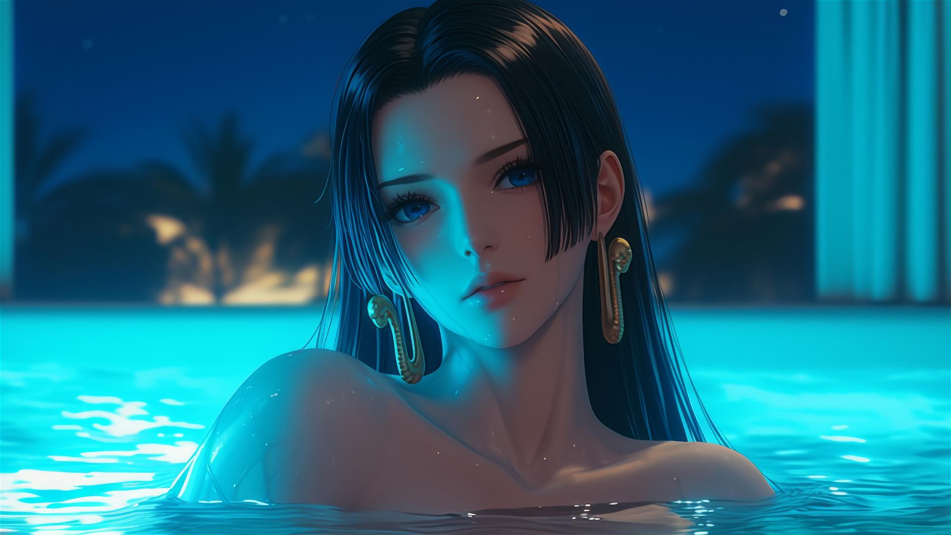 Boa Hancock resting in a tub with moonlight casting a soft glow.