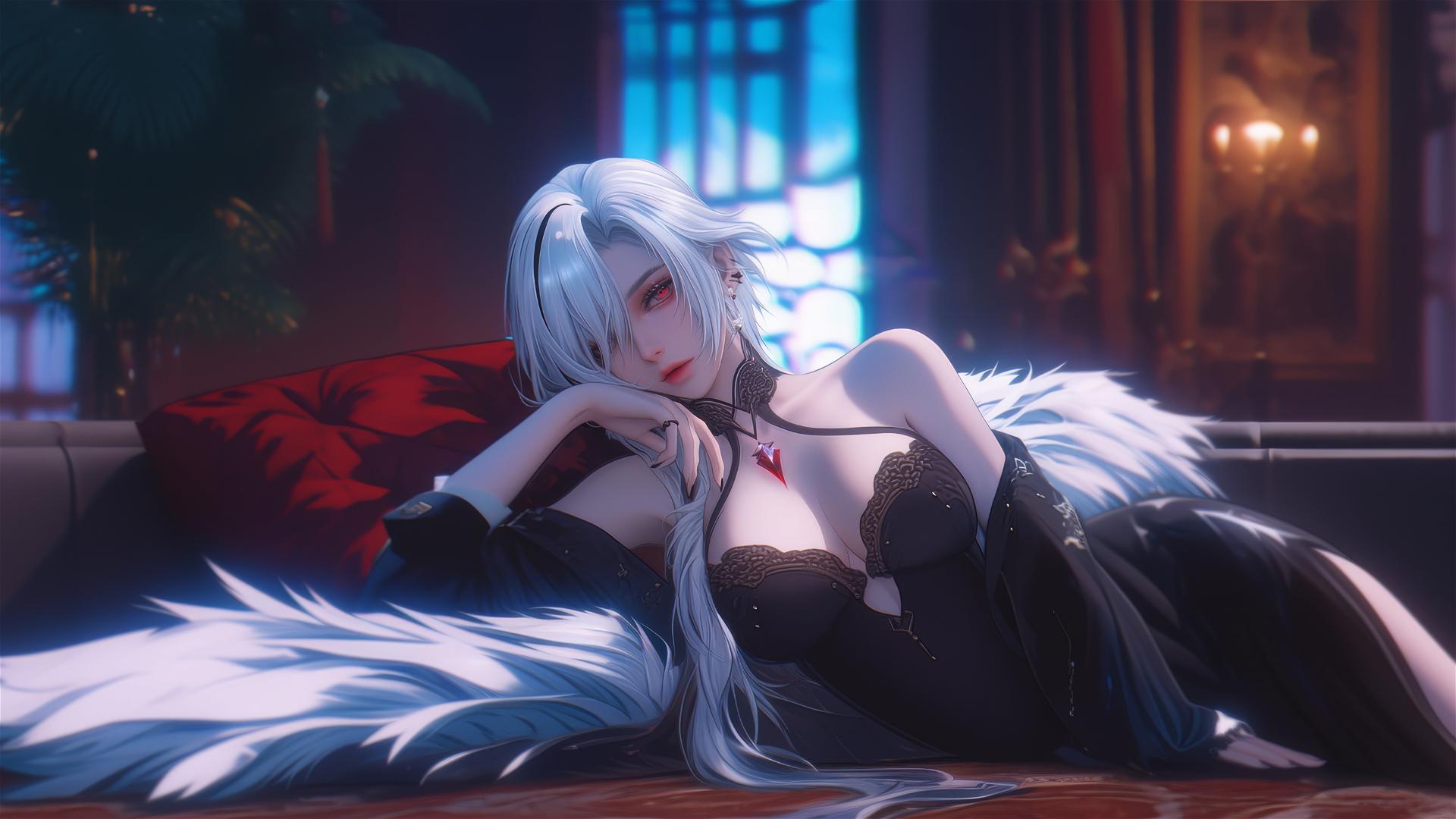 Arlecchino from Genshin Impact with white hair and black streaks, resting in a moonlit modern hotel room.