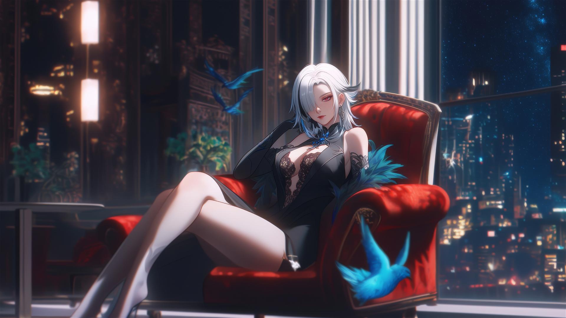 Arlecchino from Genshin Impact with snow white and black streaked hair resting in a moonlit modern hotel room
