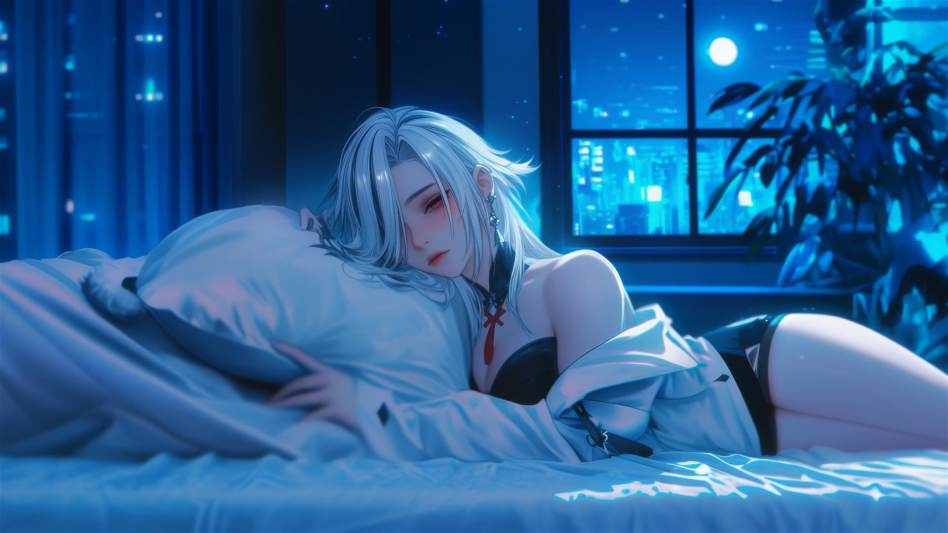 Arlecchino from Genshin Impact with white hair and black streaks, resting in a moonlit hotel room.