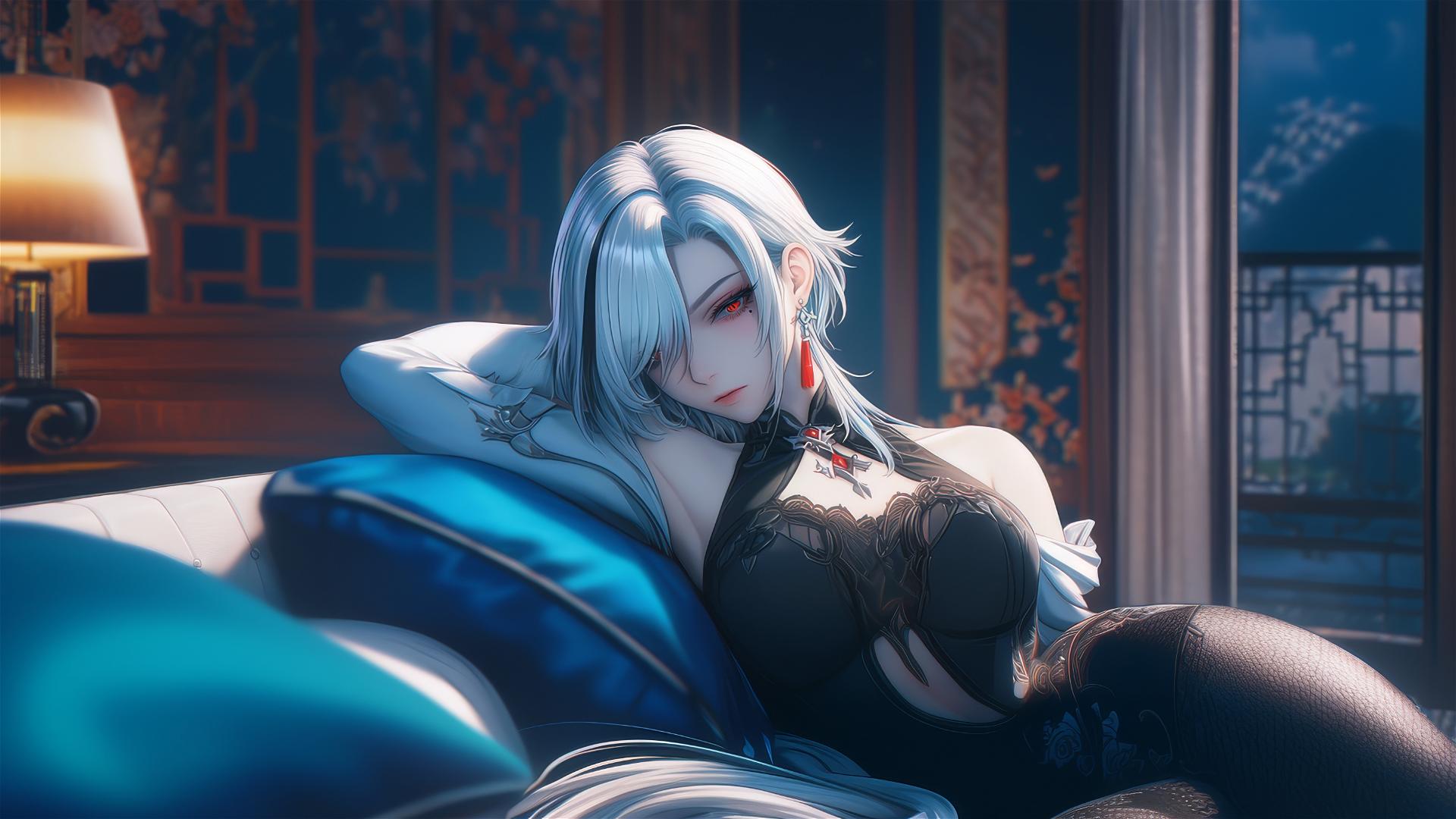 Arlecchino from Genshin Impact with snow white hair and black streaks, resting in a moonlit hotel room.