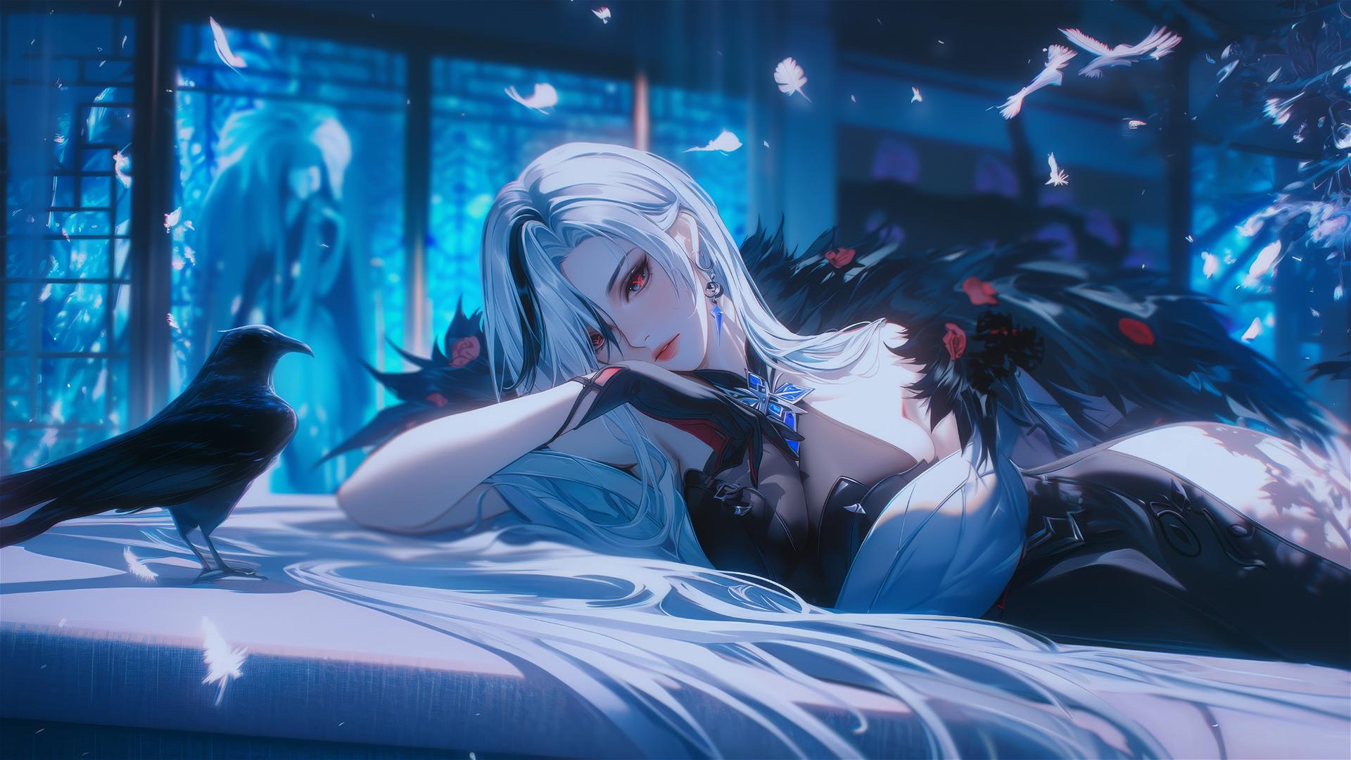 Arlecchino from Genshin Impact with snow white hair and black streaks, in modern hotel room under moonlight
