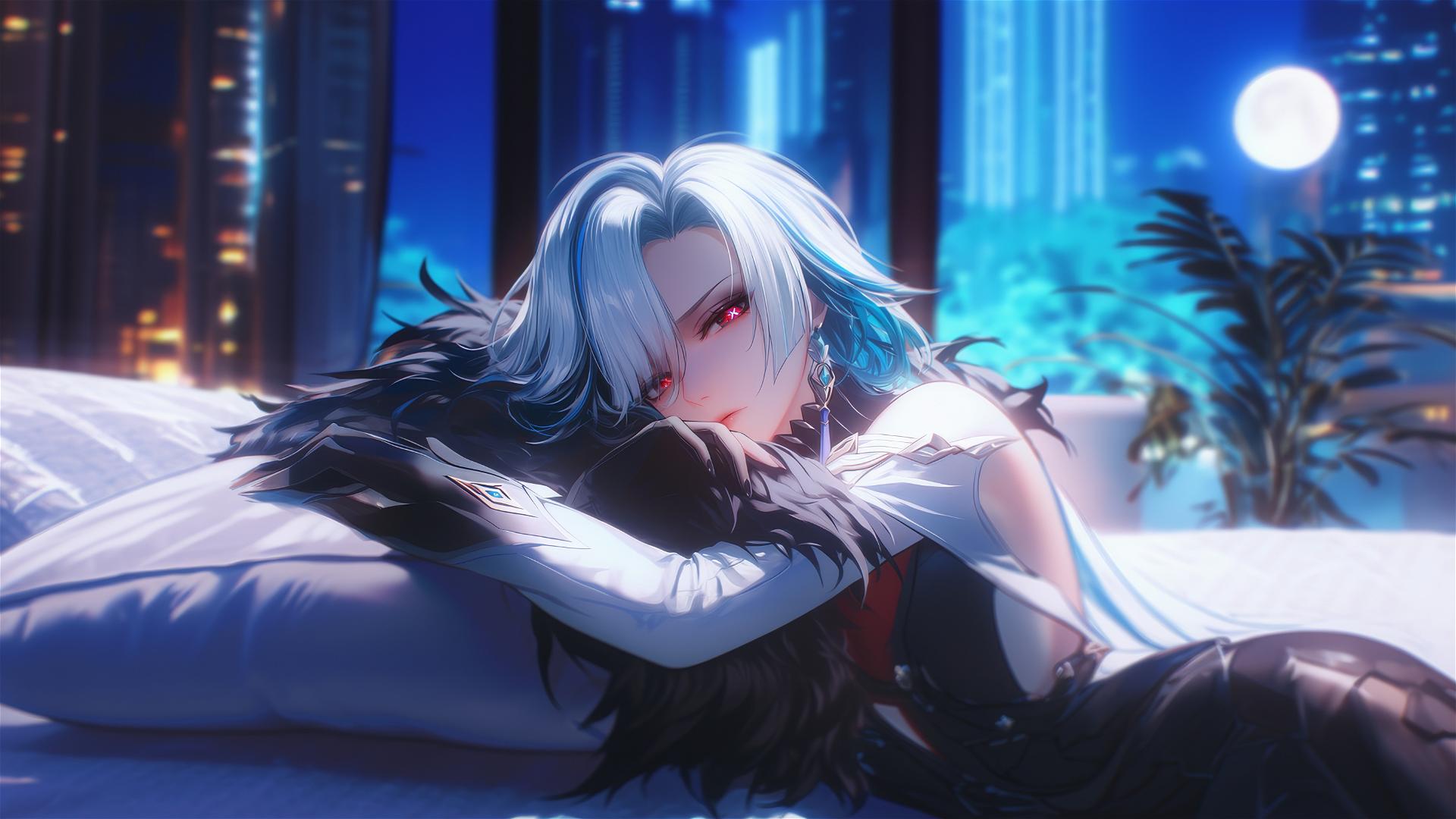 Arlecchino from Genshin Impact, snow white hair, black streaks, red x-shaped pupils, moonlit modern hotel.