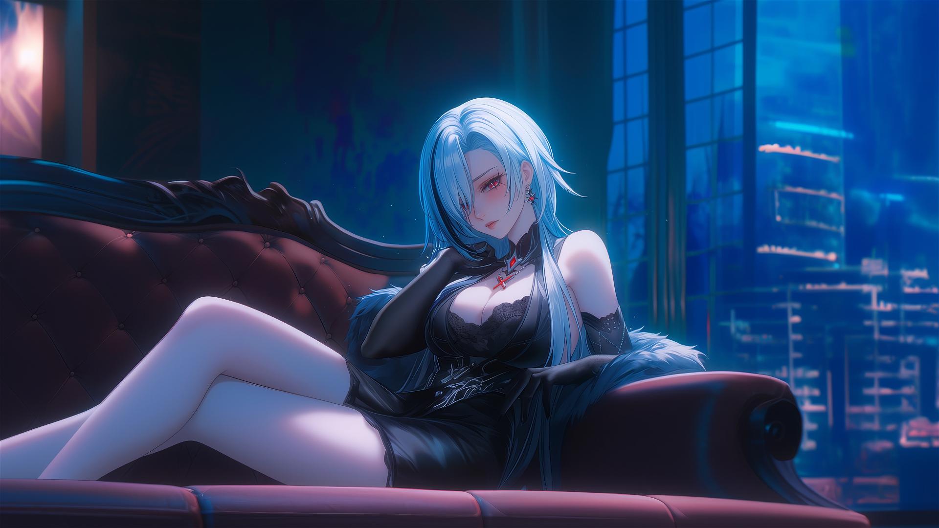 Arlecchino with snow white hair and black streaks in a modern hotel room under moonlight