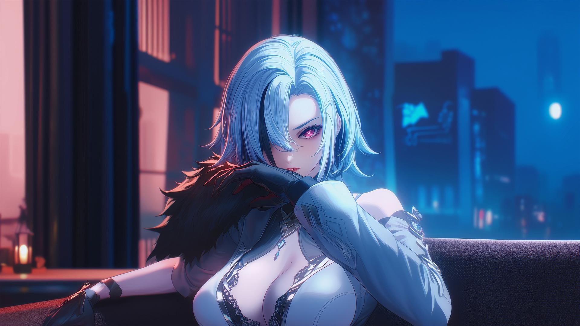 Arlecchino from Genshin Impact with snow white hair, black streaks, and unique eyes, resting in a moonlit hotel room.