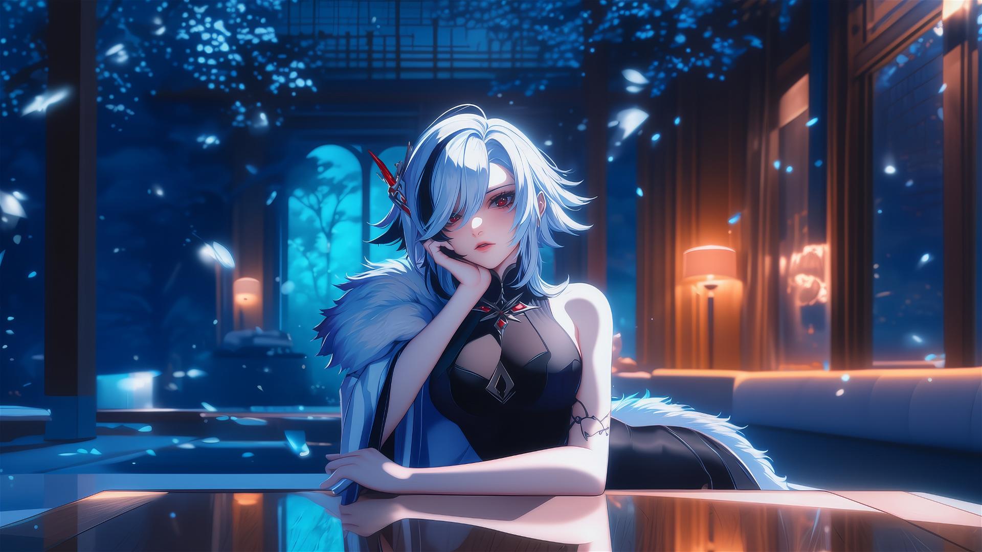 Arlecchino from Genshin Impact with black-streaked white hair, resting in a modern hotel room under moonlight