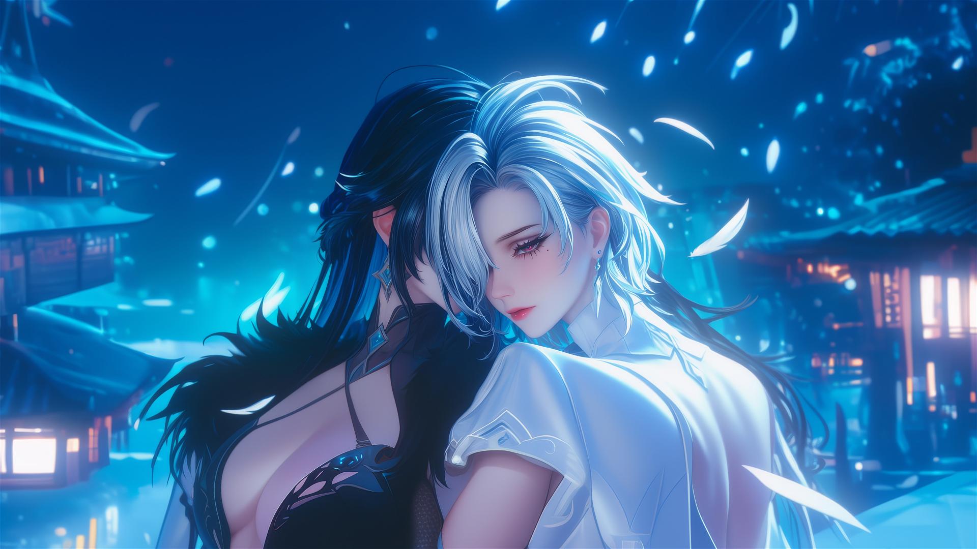 Arlecchino with snow white hair and black streaks, in a modern hotel room under moonlight.
