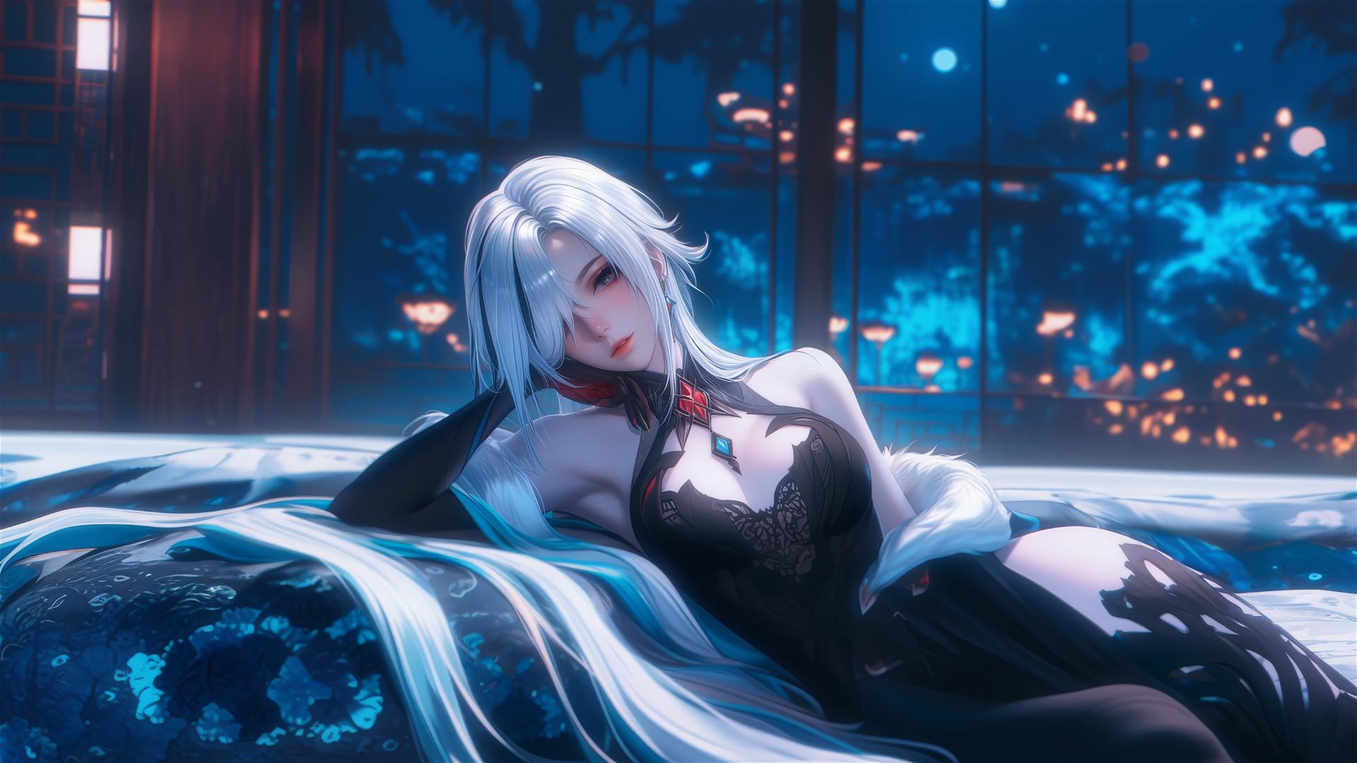 Arlecchino from Genshin Impact with snow white hair, resting in a moonlit hotel room