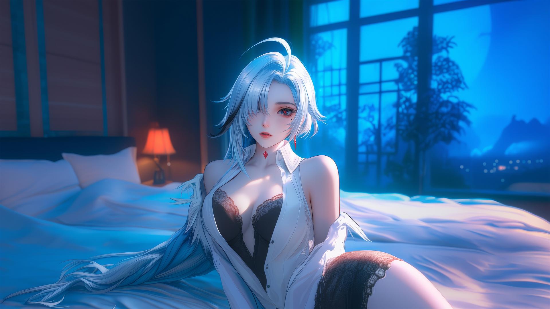 Arlecchino from Genshin Impact with snow white hair and black streaks, resting in a hotel room under moonlight.