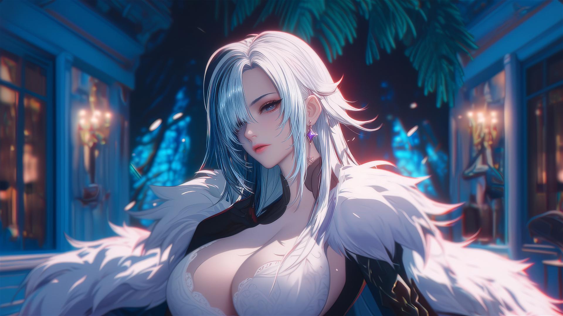 Arlecchino from Genshin Impact with white hair and black streaks, resting in a moonlit modern hotel room.