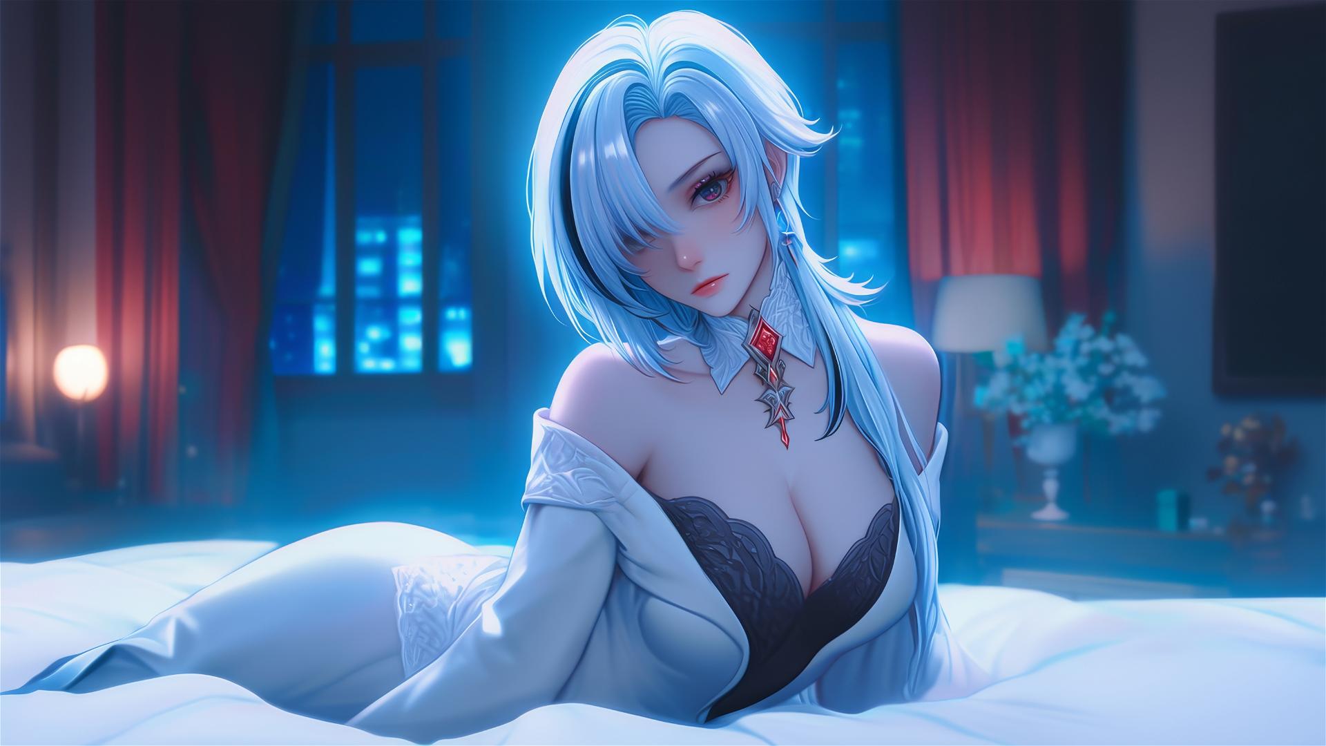 Arlecchino from Genshin Impact with white and black streaked hair, black irises, red 'x' pupils, resting in a moonlit modern hotel room