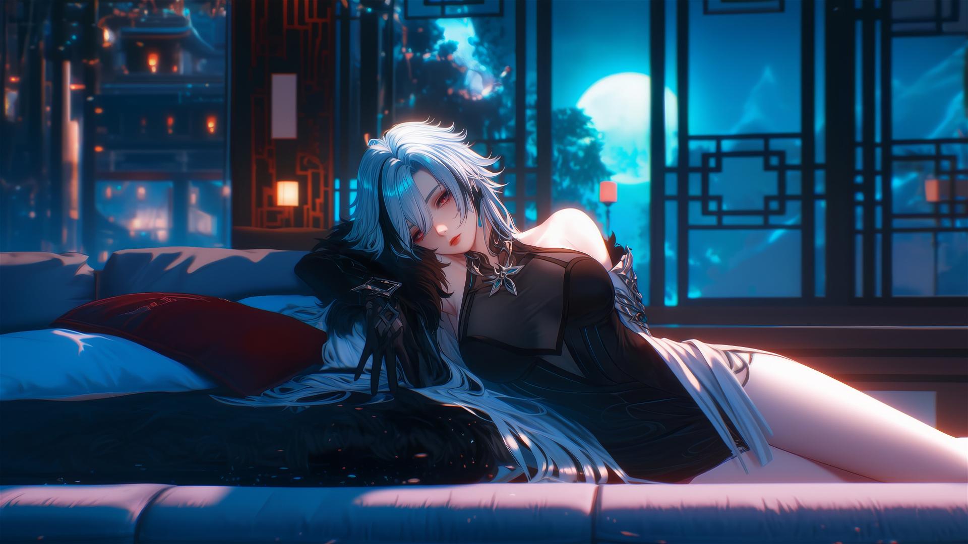Arlecchino from Genshin Impact with white hair and black streaks, resting in a modern hotel room under moonlight.