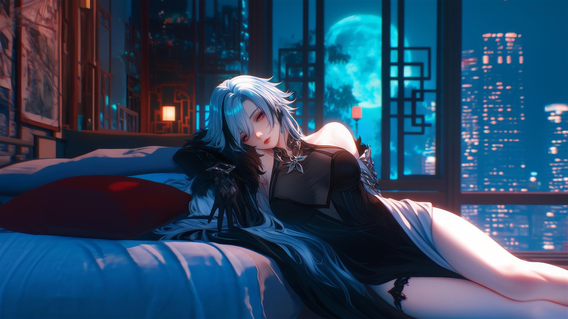 Arlecchino from Genshin Impact with snow white hair and black streaks, resting in a modern hotel room under moonlight.