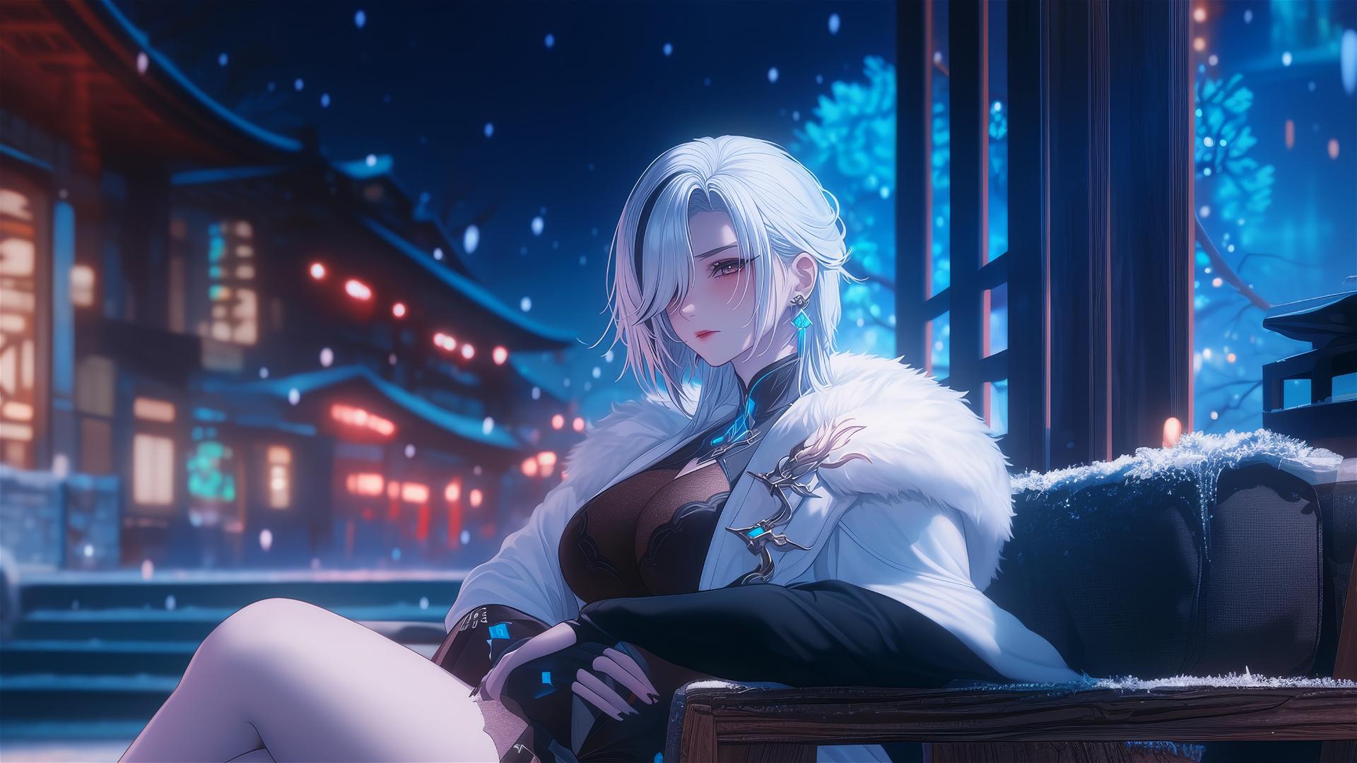 Arlecchino from Genshin Impact with snow white and black streaked hair in a moonlit hotel room.