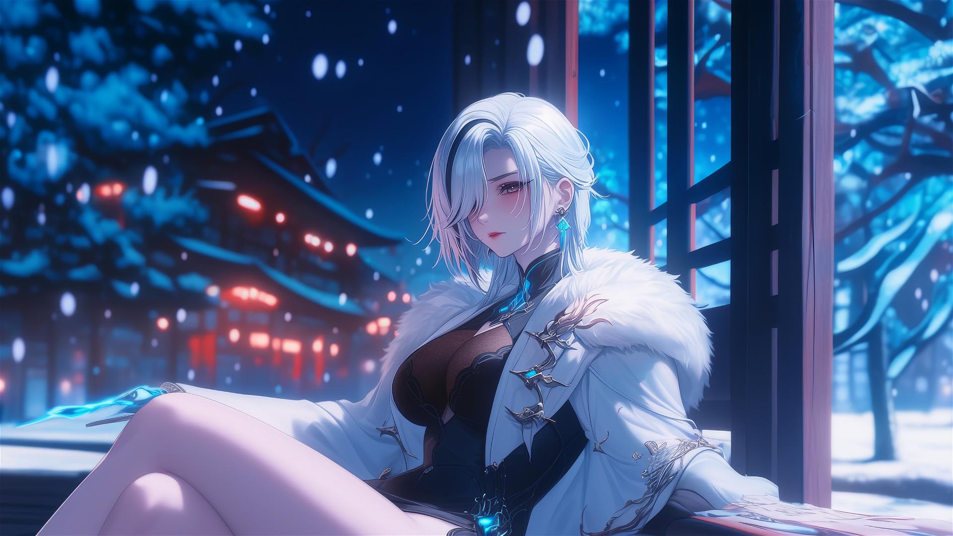 Arlecchino from Genshin Impact with snow white hair resting in a modern hotel room under moonlight.