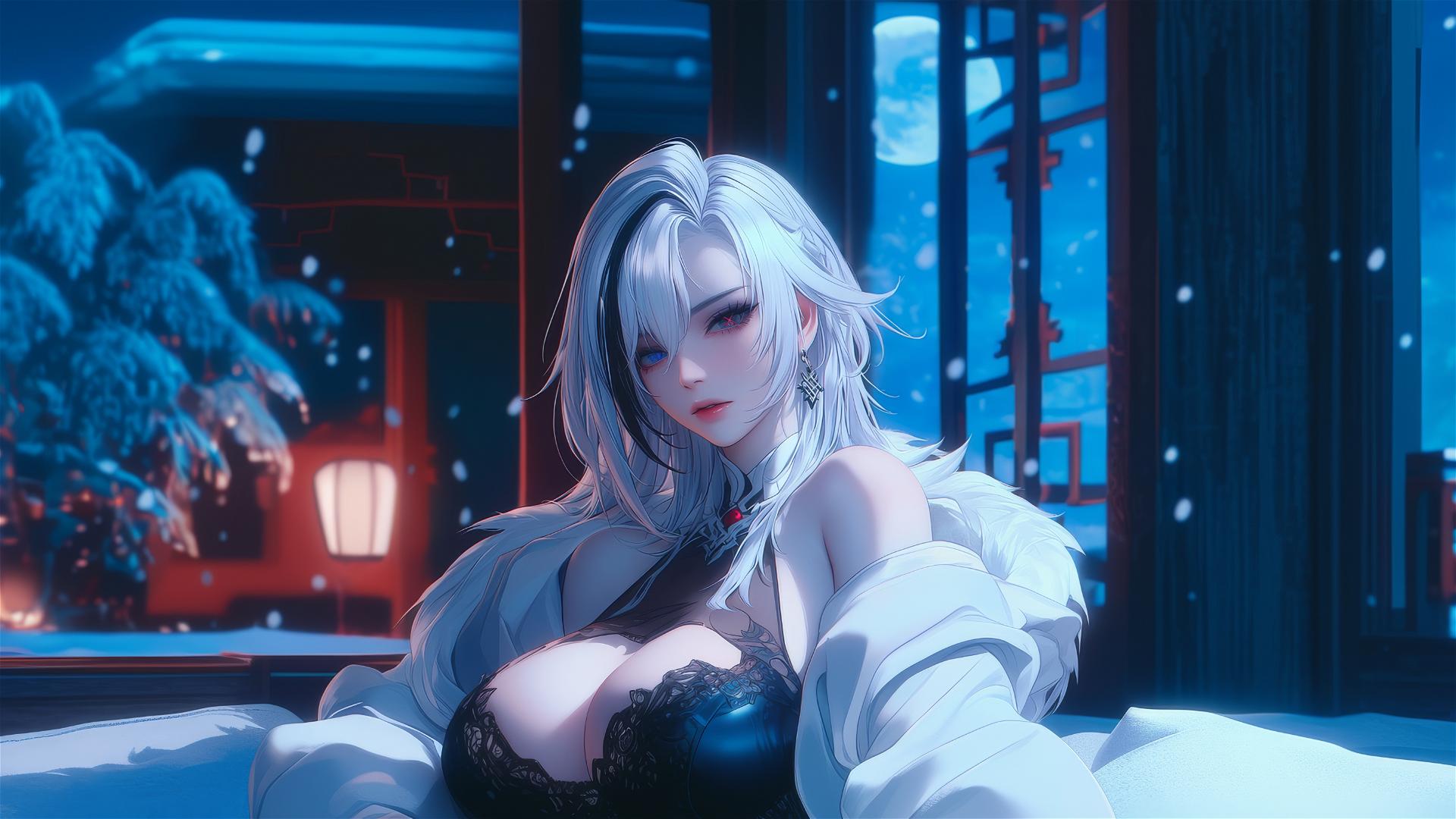 Arlecchino from Genshin Impact with snow white and black hair, black irises, and red x-shaped pupils resting in a modern hotel room under moonlight.