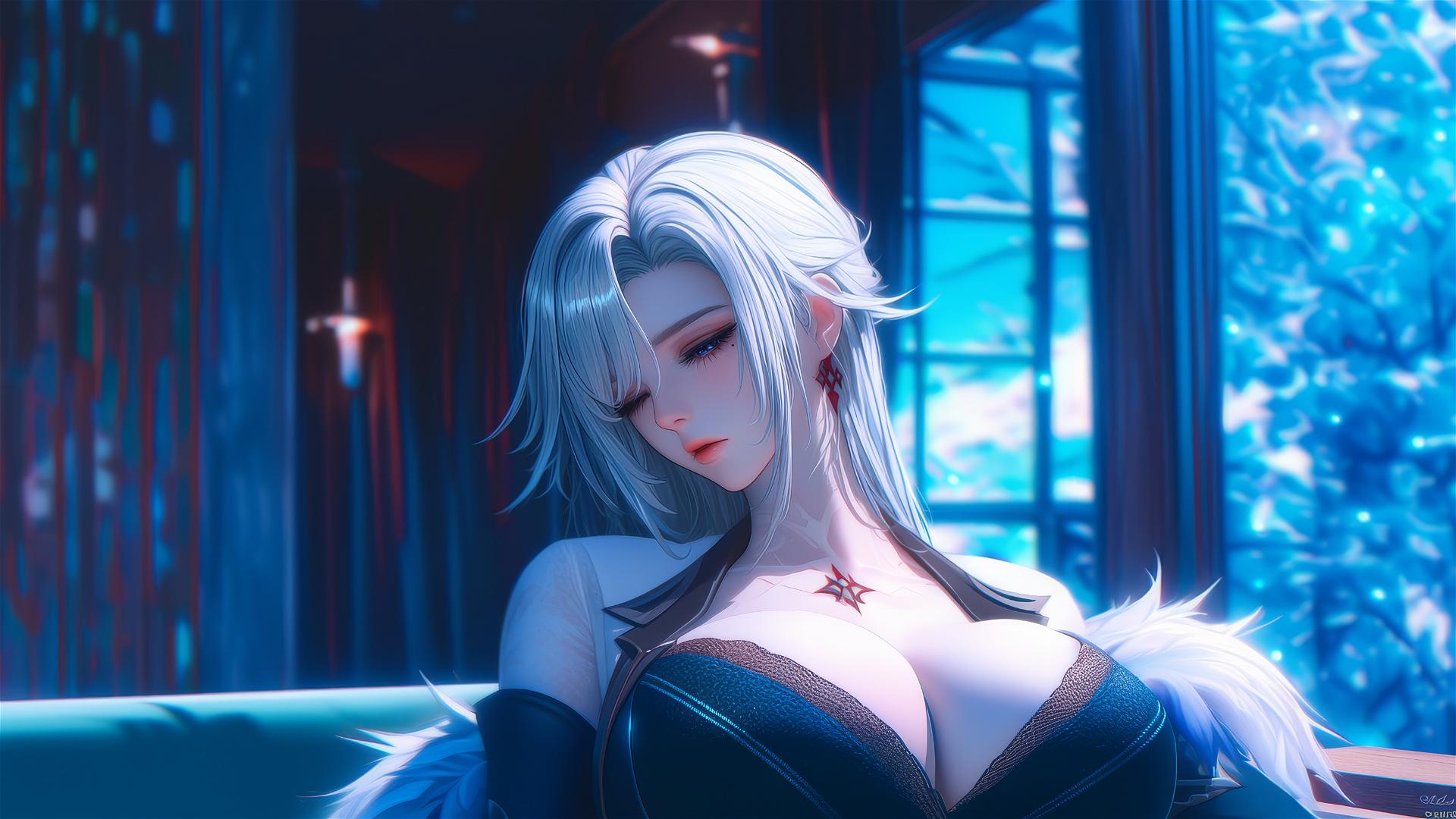 Arlecchino from Genshin Impact with white hair and red x-shaped pupils in a modern hotel room