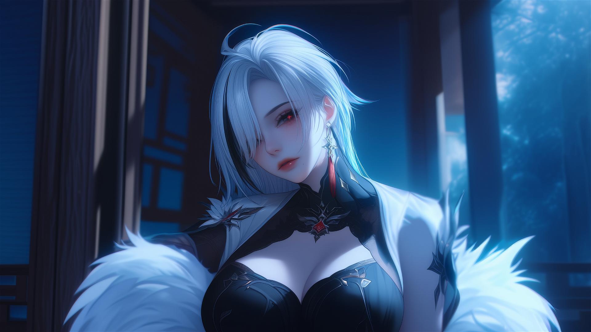 Arlecchino from Genshin Impact with white hair and red 'x' pupils resting in a moonlit modern hotel room