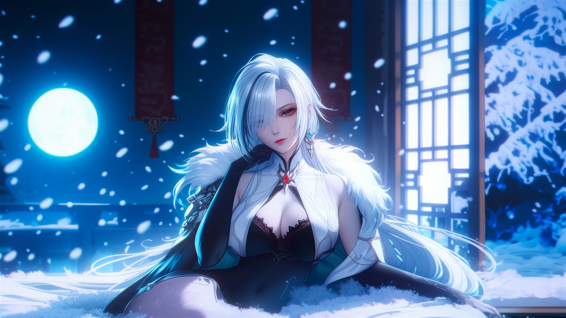 Arlecchino from Genshin Impact with snow white hair and black streaks, resting in a modern hotel room under moonlight.