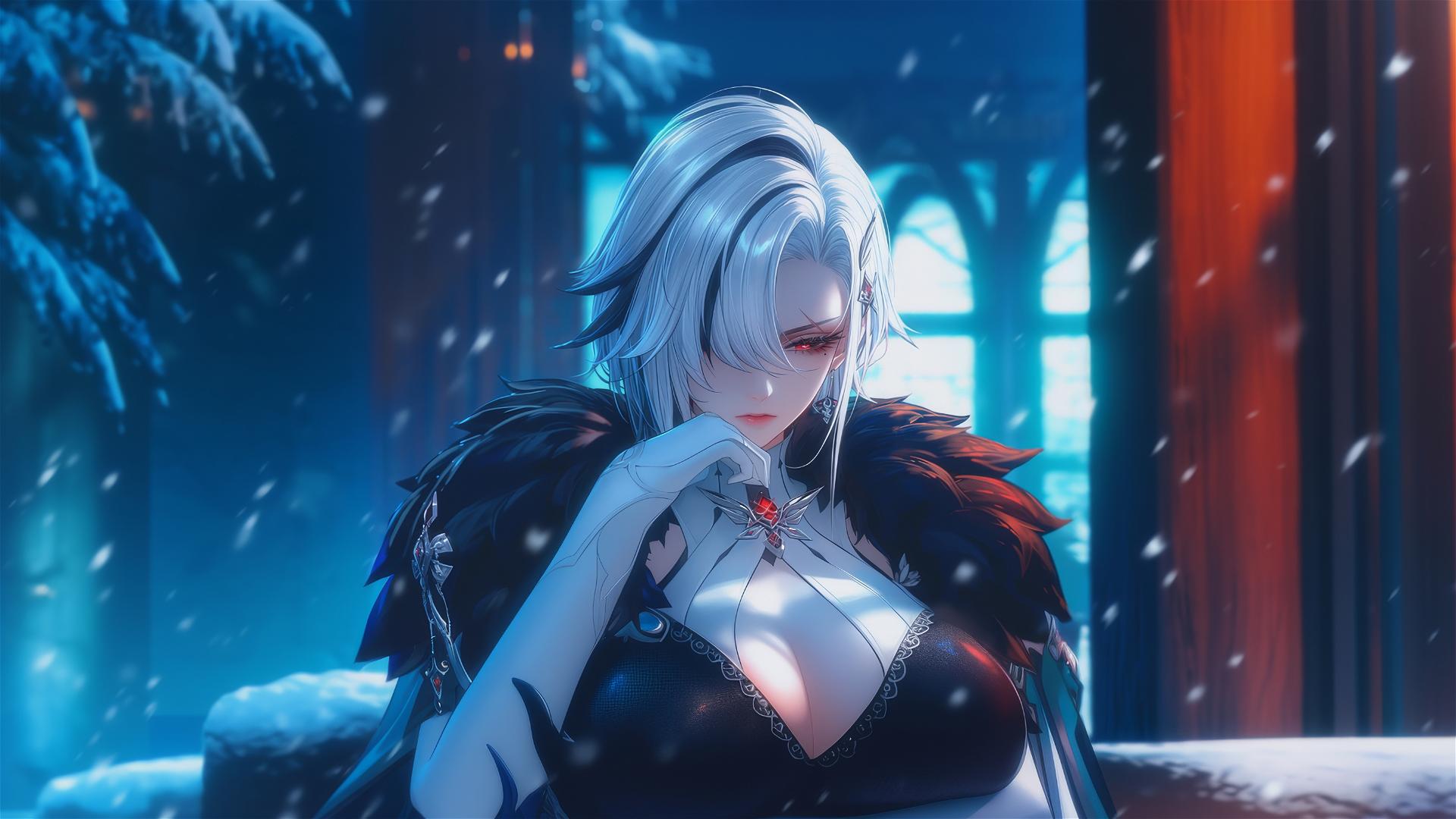 Arlecchino from Genshin Impact with snow white hair, resting in a modern hotel room under moonlight.