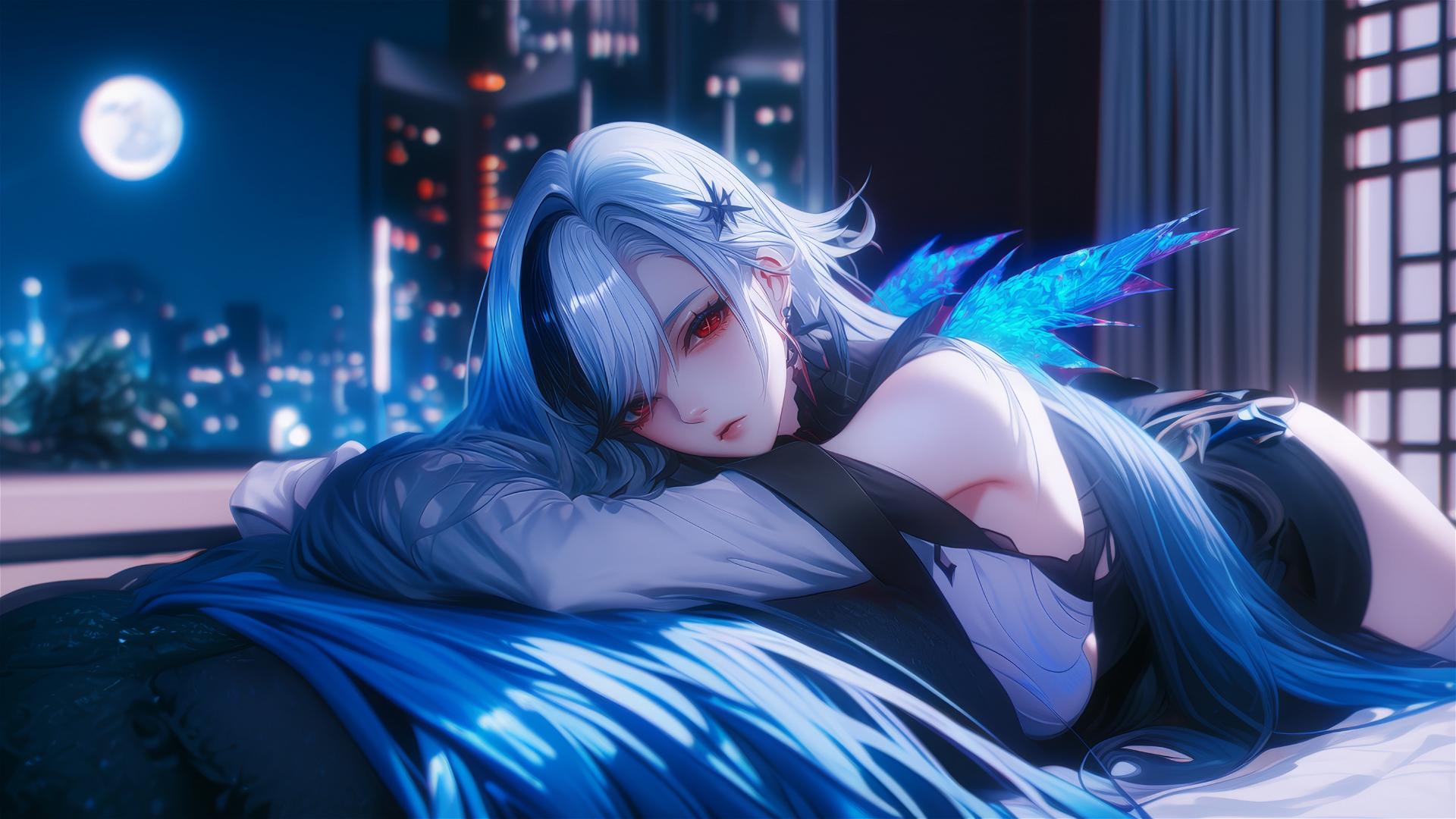 Arlecchino from Genshin Impact with snow white hair and black streaks, resting in a modern hotel room under moonlight