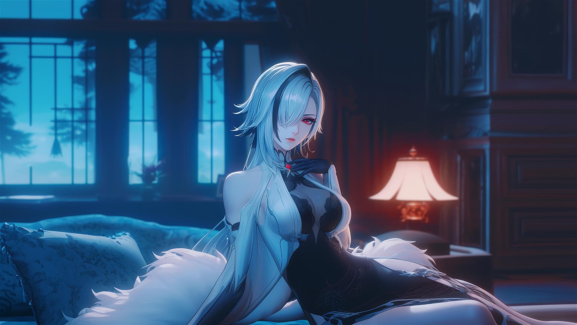 Arlecchino from Genshin Impact with snow white hair and black streaks, red x-shaped pupils, resting in a moonlit modern hotel room.
