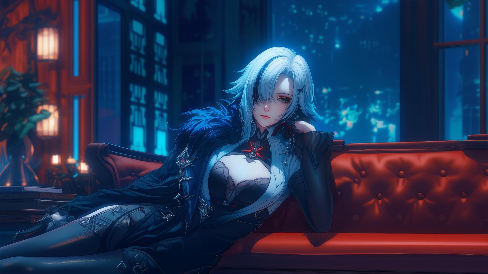 Arlecchino from Genshin Impact with snow white hair, black streaks, and red 'x'-shaped pupils resting in a hotel room under moonlight.