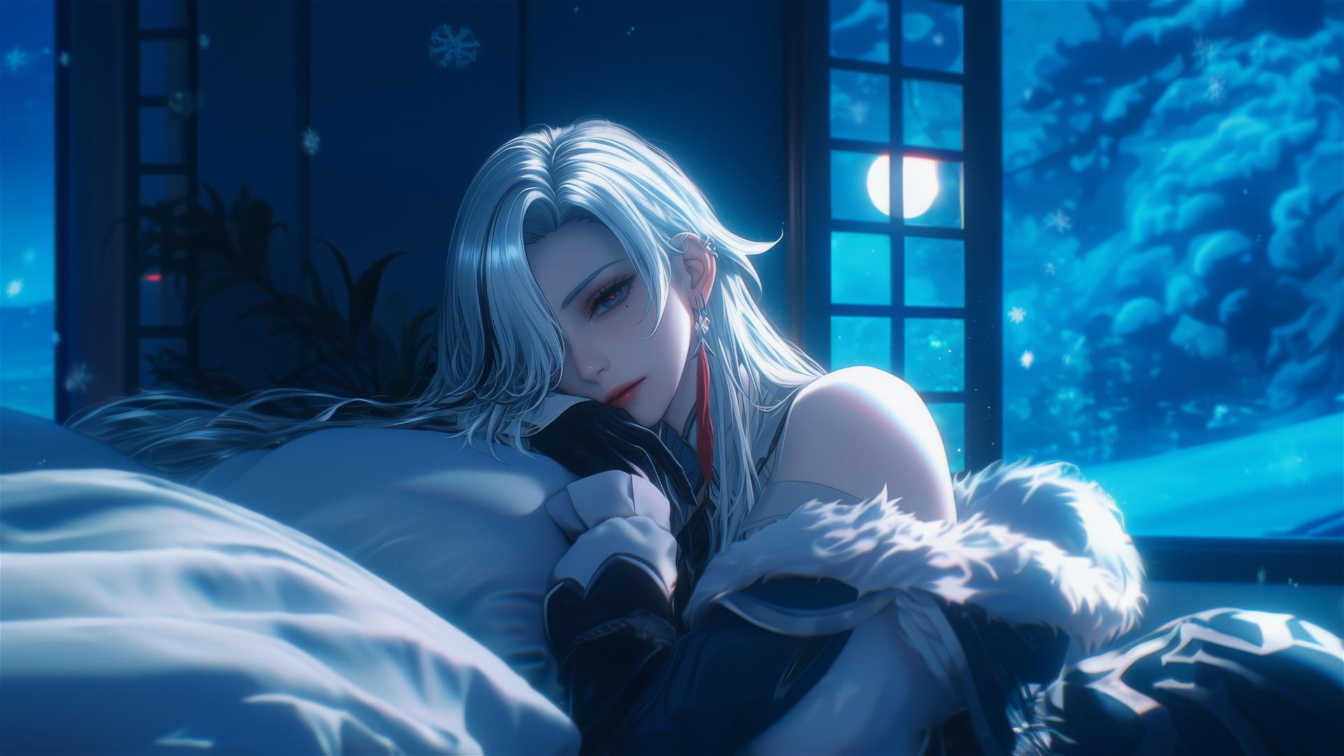 Arlecchino from Genshin Impact with snow white hair and black streaks, resting in a moonlit modern hotel room