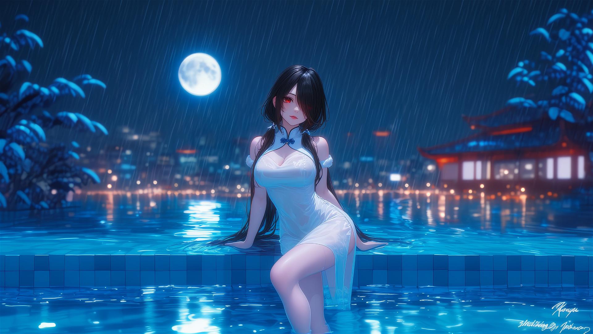 Kurumi Tokisaki from Date A Live standing in a rainy swimming pool with moonlight.