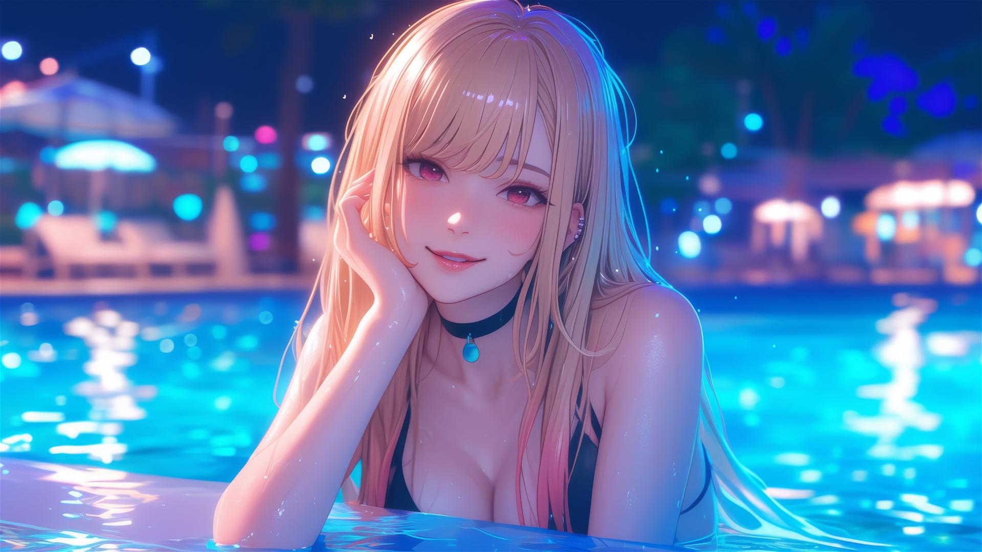 Marin Kitagawa resting at a rainy pool with moonlight glow
