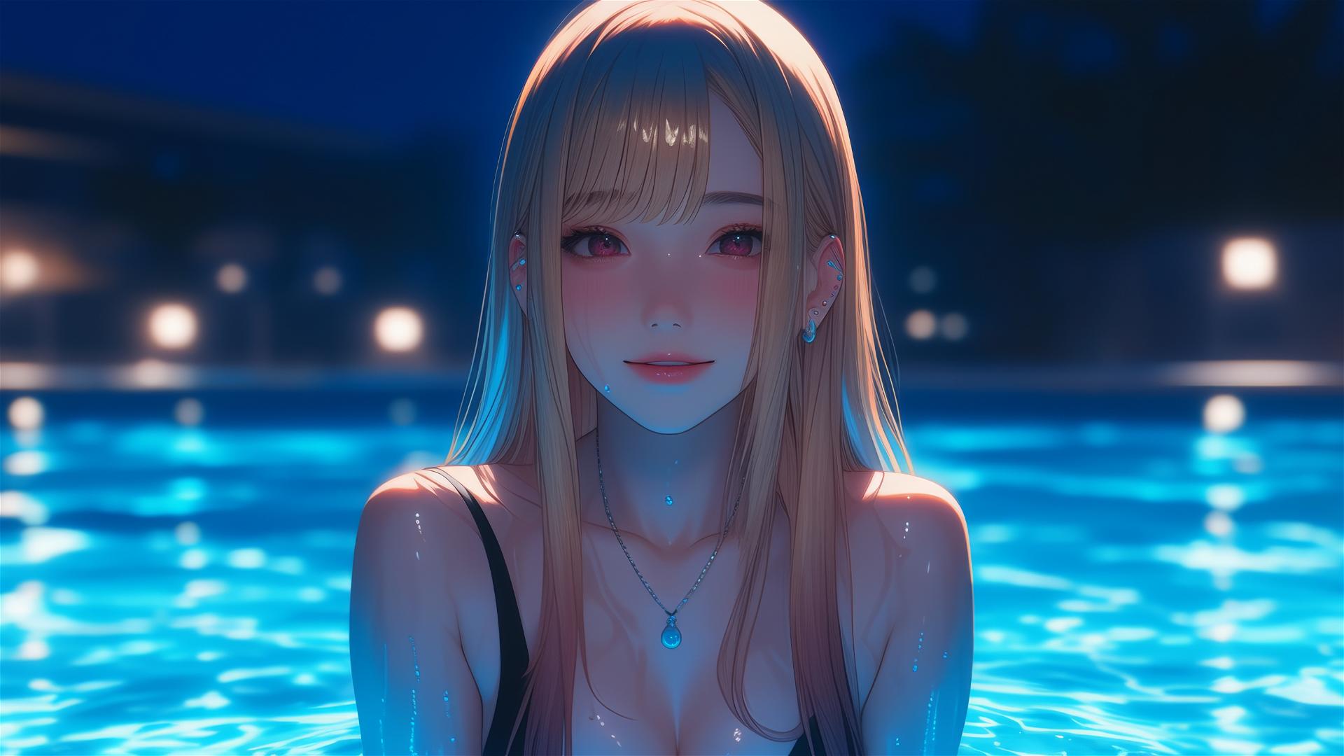 Marin Kitagawa sitting by a rainy pool with moonlight glow.