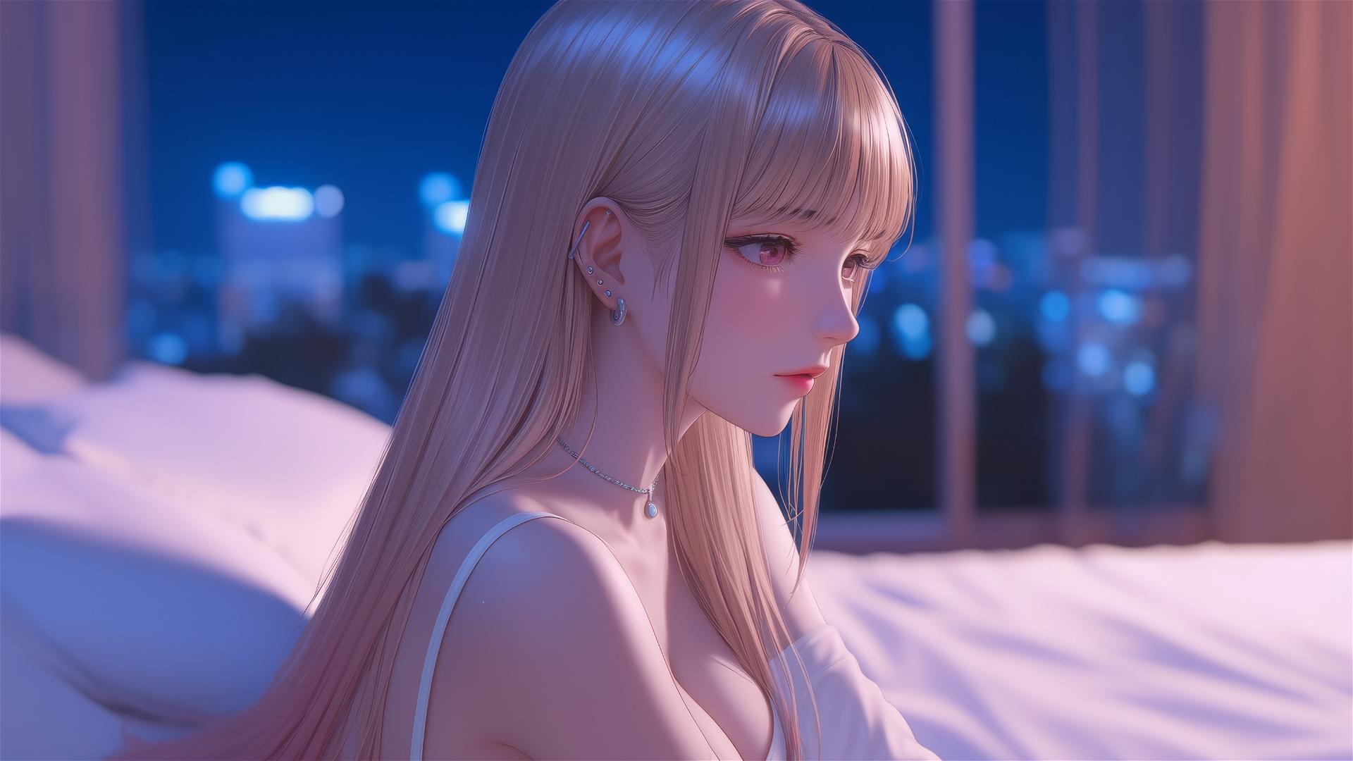 Marin Kitagawa sitting on a hotel bed with moonlight glow, pinkish eyes, and colorful hair tips