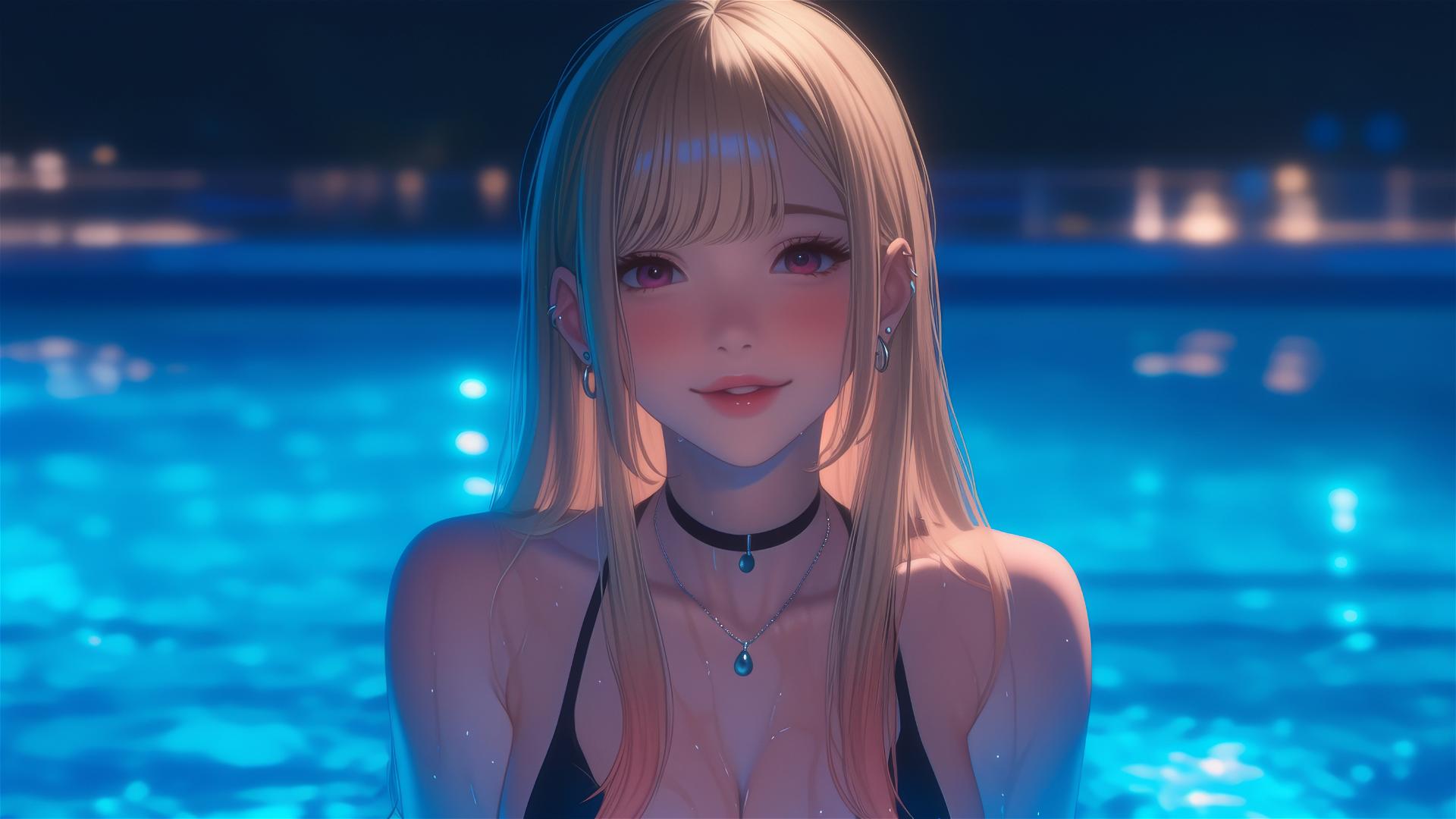 Marin Kitagawa from Kurikami City sitting by a rainy swimming pool under soft moonlight