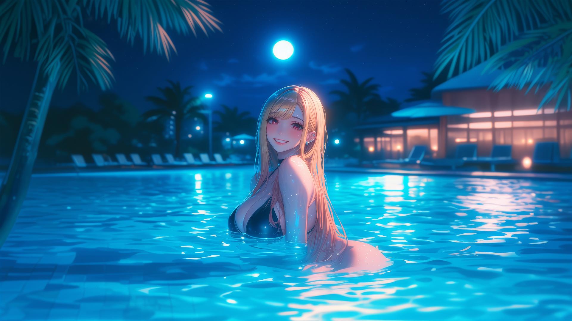 Marin Kitagawa sitting by rainy pool under moonlight