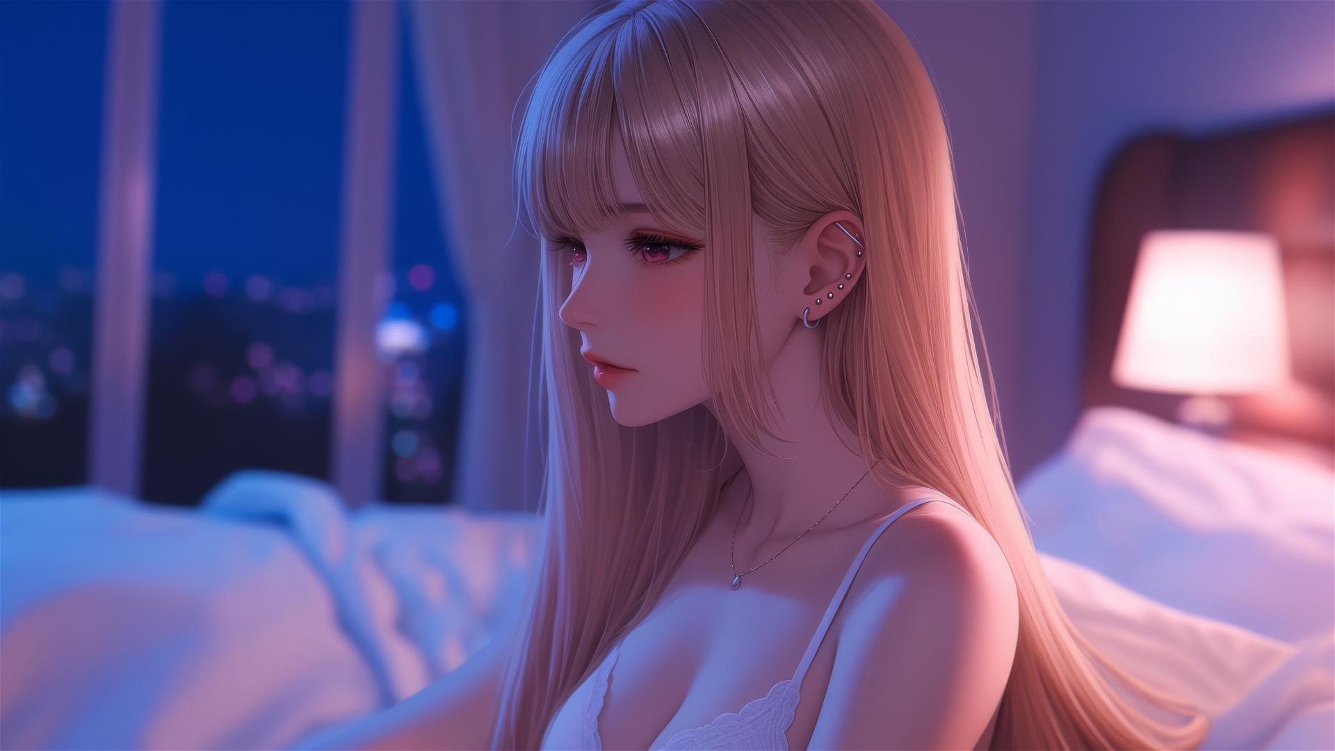 Marin Kitagawa sitting on hotel bed, moonlight glow, pinkish eyes, blonde hair.