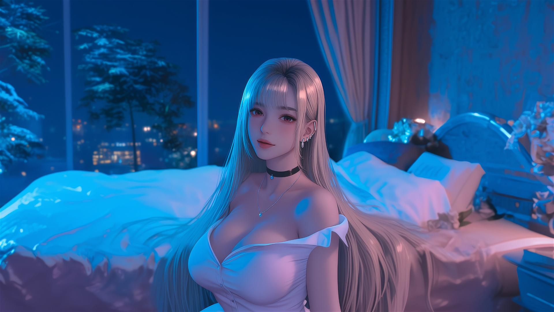 Marin Kitagawa seated at a hotel bed under moonlight with silky blonde hair and pinkish-red tips.
