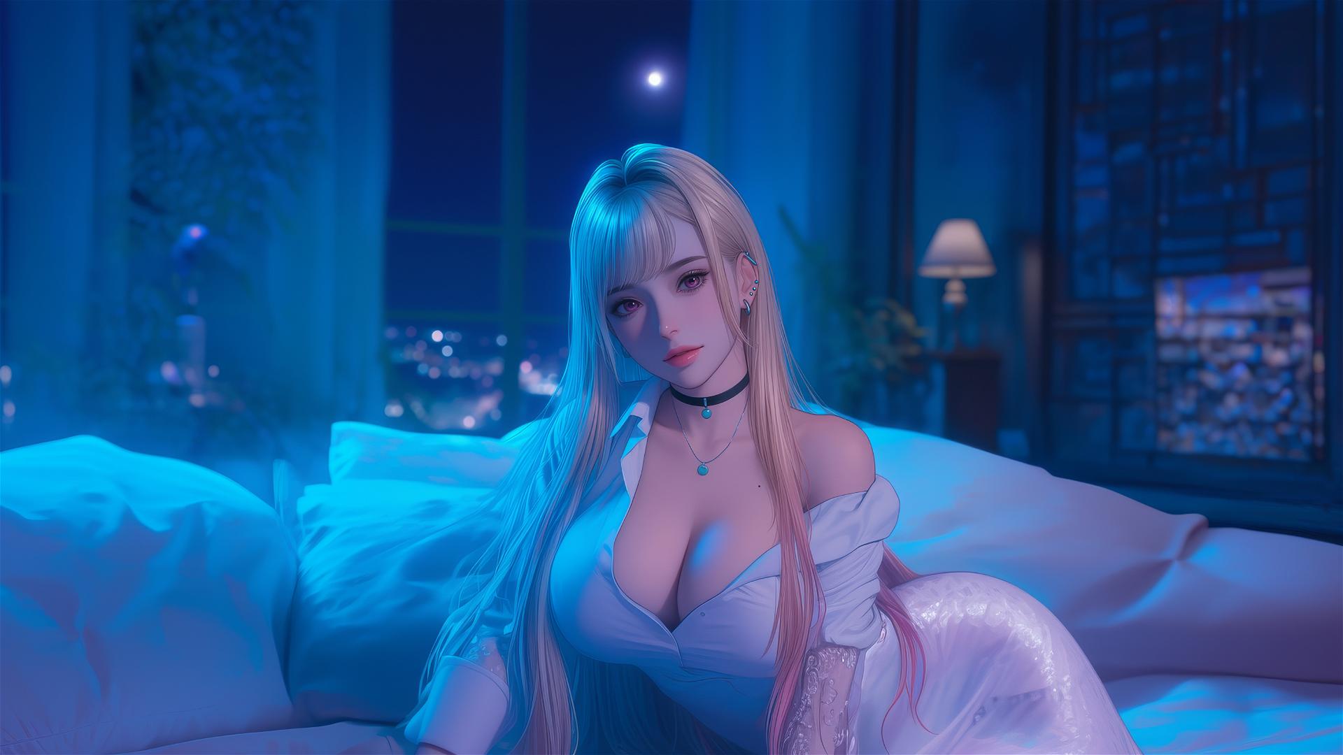 Marin Kitagawa from Kurikami City sitting on hotel bed under moonlight