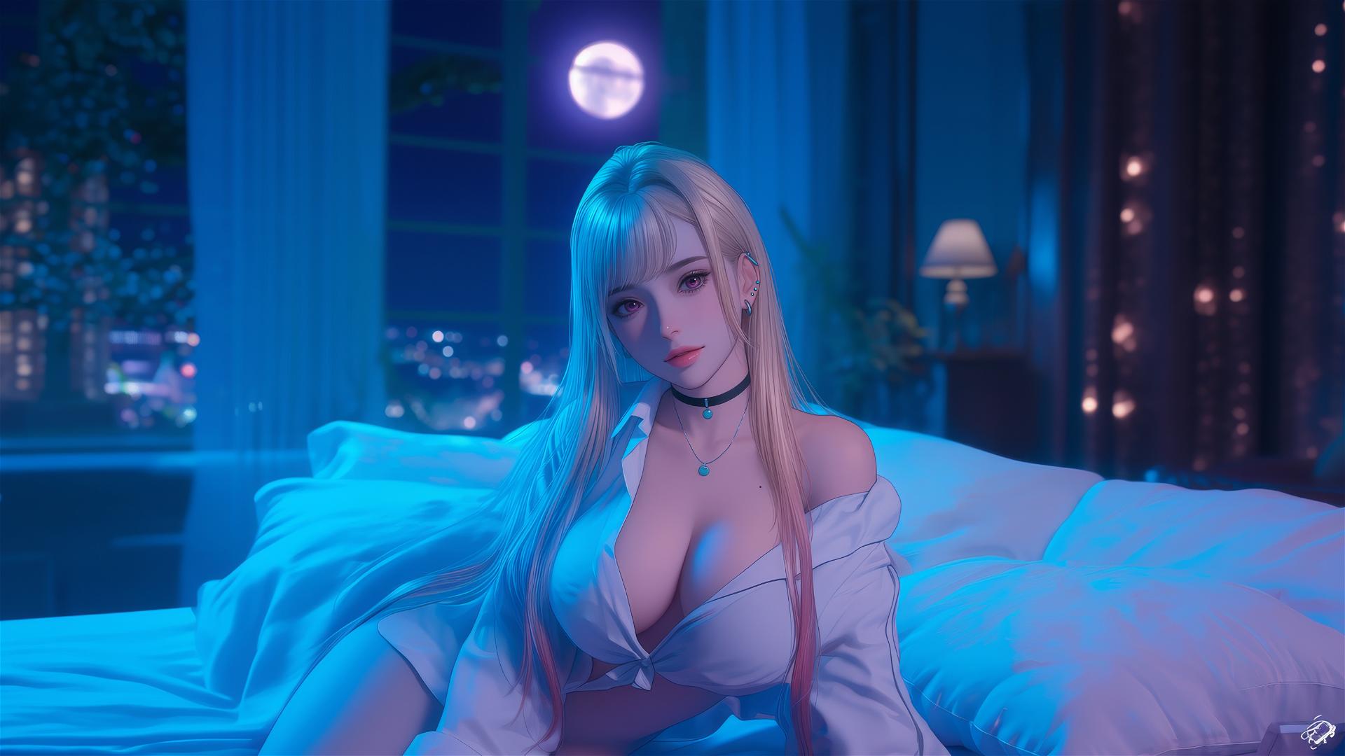 Marin Kitagawa sitting on a bed under moonlight